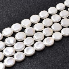 White Shell Pearl Flat Round Disc/Coin Beads Strands, Approx 12x14-16mm, 38cm/strand