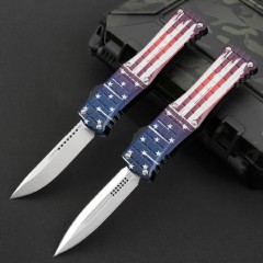 MT Hera OTF AUTO Knife 3.14" D2 Double Edge Blade, American flag Aviation Aluminum Handles