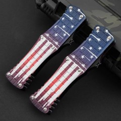 MT Hera OTF AUTO Knife 3.14" D2 Double Edge Blade, American flag Aviation Aluminum Handles