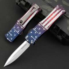 MT Hera OTF AUTO Knife 3.14" D2 Double Edge Blade, American flag Aviation Aluminum Handles