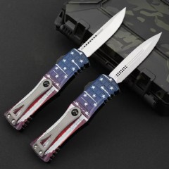 MT Hera OTF AUTO Knife 3.14" D2 Double Edge Blade, American flag Aviation Aluminum Handles