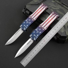 MT Hera OTF AUTO Knife 3.14" D2 Double Edge Blade, American flag Aviation Aluminum Handles