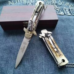 Italy AKC Leverletto By Bill DeShivs OTF AUTO Knife 2.44'' D2 Steel Blade, Natural Antler Handles