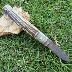Classical Italy AKC Leverletto By Bill DeShivs OTF AUTO Knife 3.54'' Damascus Blade, Natural Antlers Handles