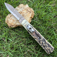 Classical Italy AKC Leverletto By Bill DeShivs OTF AUTO Knife 3.54'' Damascus Blade, Natural Antlers Handles