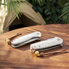 White Jade Flipper Folding Knife 2.36" Damascus Drop Blade, Ox bone Handles