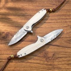 White Jade Flipper Folding Knife 2.36" Damascus Drop Blade, Ox bone Handles