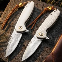 White Jade Flipper Folding Knife 2.36" Damascus Drop Blade, Ox bone Handles
