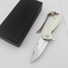 White Jade Flipper Folding Knife 2.36" Damascus Drop Blade, Ox bone Handles