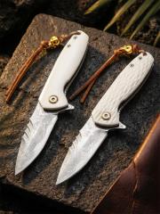White Jade Flipper Folding Knife 2.36" Damascus Drop Blade, Ox bone Handles