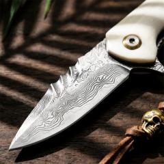 White Jade Flipper Folding Knife 2.36" Damascus Drop Blade, Ox bone Handles