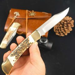 BK 110 Folding Knife 3.74" 440c Blade, Antler Handles, Lockback, Leather Sheath