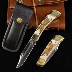 BK 110 Folding Knife 3.74" 440c Blade, Antler Handles, Lockback, Leather Sheath
