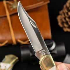 BK 110 Folding Knife 3.74" 440c Blade, Antler Handles, Lockback, Leather Sheath