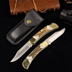 BK 110 Folding Knife 3.74" 440c Blade, Antler Handles, Lockback, Leather Sheath
