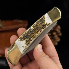BK 110 Folding Knife 3.74" 440c Blade, Antler Handles, Lockback, Leather Sheath