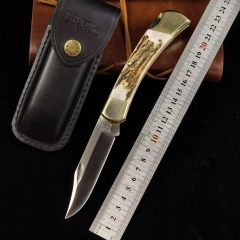 BK 110 Folding Knife 3.74" 440c Blade, Antler Handles, Lockback, Leather Sheath
