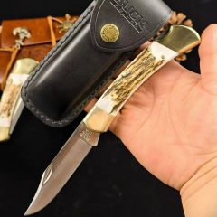 BK 110 Folding Knife 3.74" 440c Blade, Antler Handles, Lockback, Leather Sheath