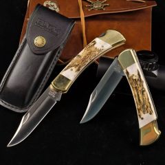 BK 110 Folding Knife 3.74" 440c Blade, Antler Handles, Lockback, Leather Sheath