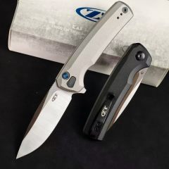ZT 0044BLK Button Lock Flipper Knife 3.11" CPM-S45VN DLC Drop Point Blade, Titanium Handles