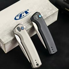 ZT 0044BLK Button Lock Flipper Knife 3.11" CPM-S45VN DLC Drop Point Blade, Titanium Handles