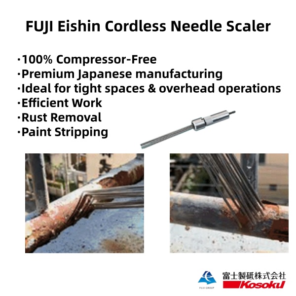 FUJI Eishin electric needle scaler efficiently removing welding slag and spatter from a tight corner joint