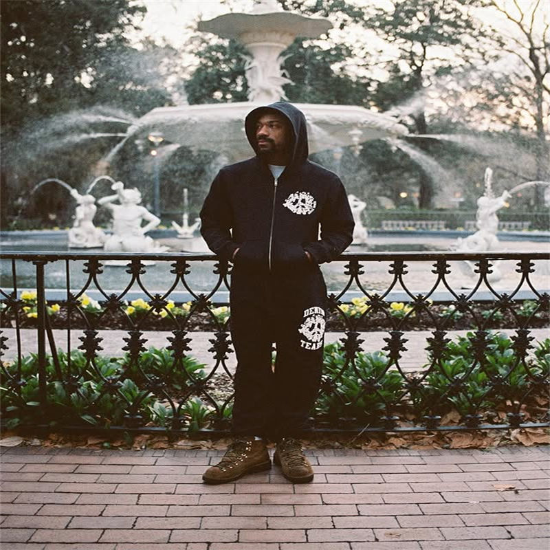 Denim Tears University Hoodie Zip Up and Sweatpants Black Wearing Effect