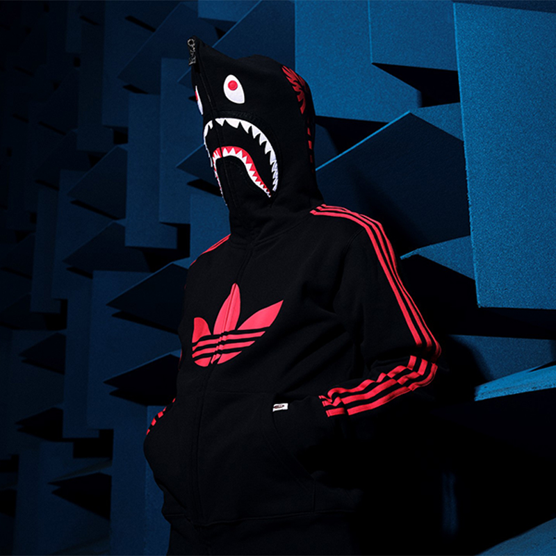 BAPE x ADIDAS Shark Fleece Full Zip Hoodie Black Wearing Effect