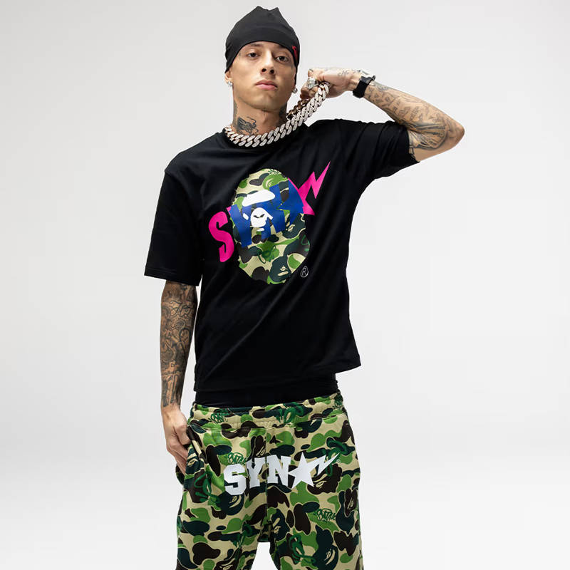 Syna World x BAPE Graphic Tee Black Wearing Effect