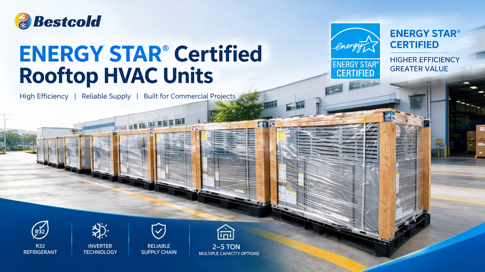 Bestcold HVAC ENERGY STAR certified 2-5 ton rooftop HVAC units with R32 refrigerant for commercial projects wholesale