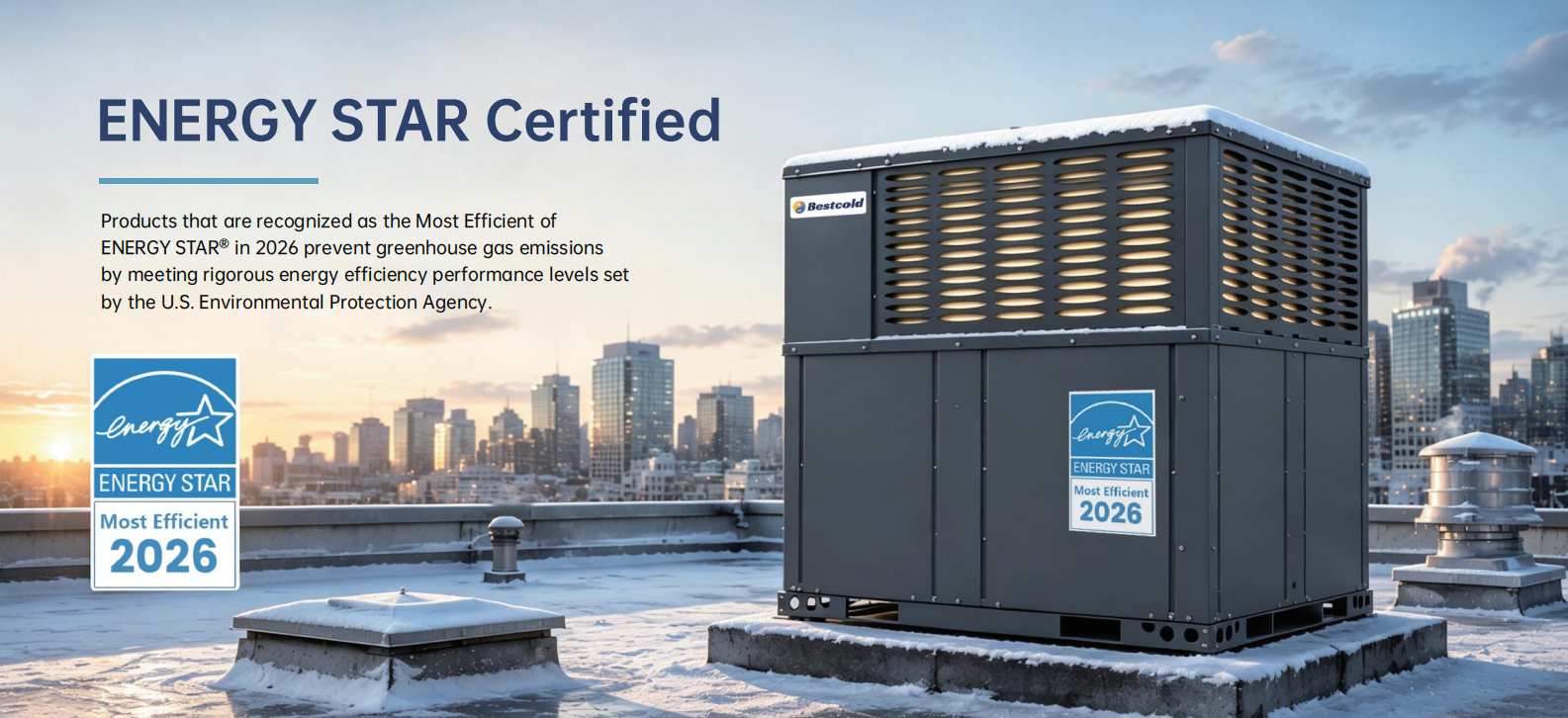 Bestcold HVAC commercial rooftop heat pump unit with ENERGY STAR Most Efficient 2026 certification for cold climates