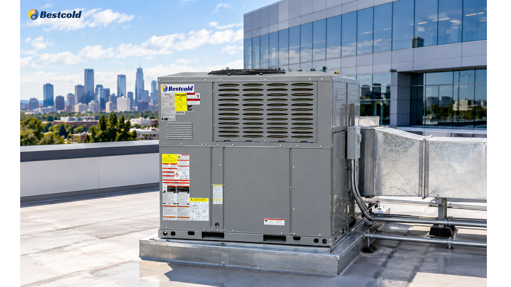 Bestcold HVAC commercial packaged rooftop unit installed on office building roof with ductwork connection