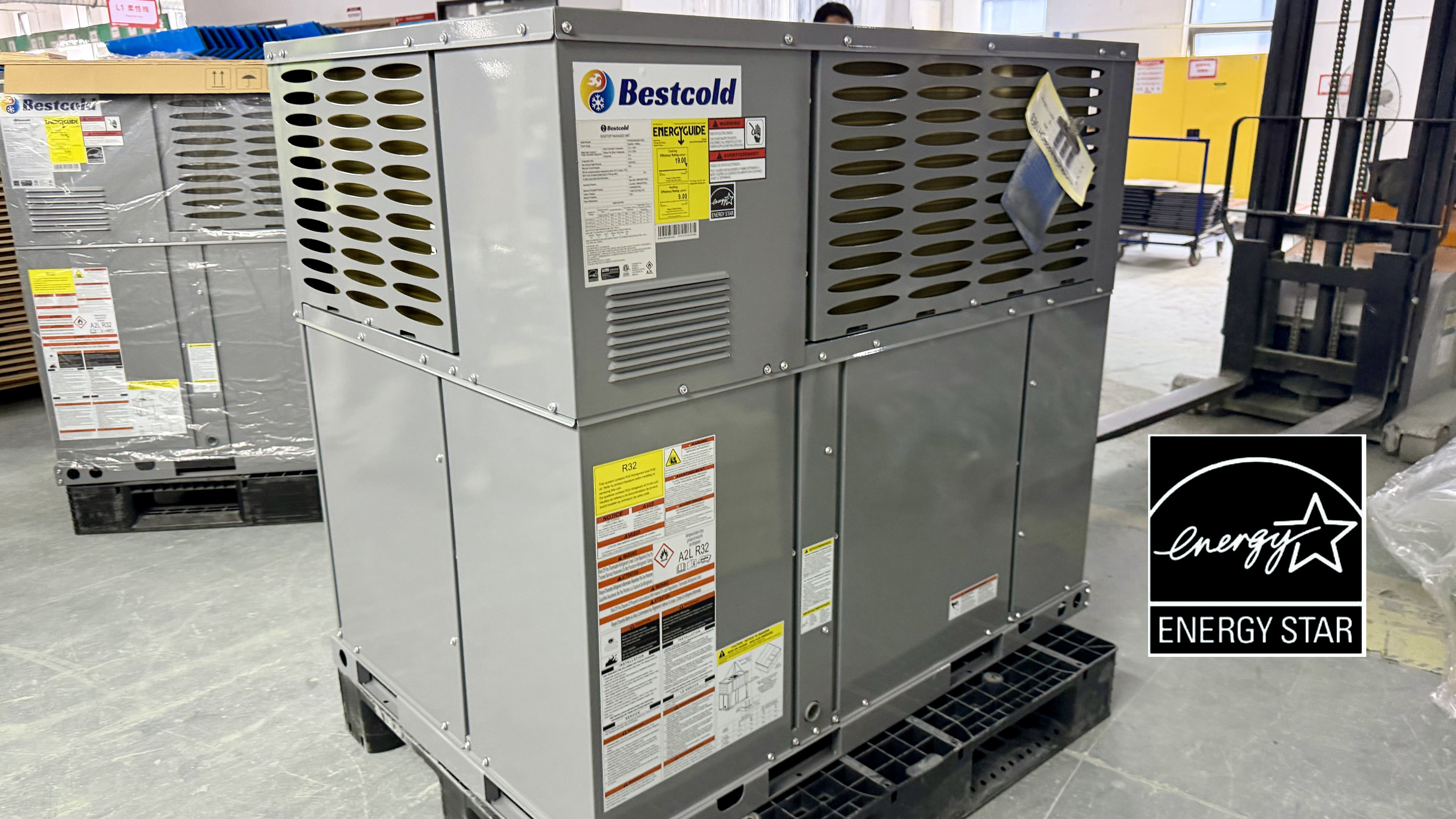 Bestcold HVAC ENERGY STAR certified commercial rooftop packaged unit with R32 refrigerant in warehouse ready for wholesale shipment