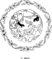 Chinese Embroidery Black & White Line Draft Template: Two Swallows with Chinese Rose (Yueji) Composition