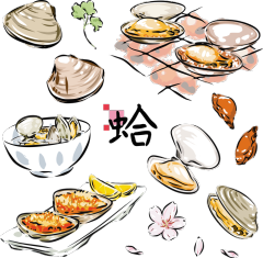 Japanese Cuisine Common Ingredients Comic - Style Image Collection: Clams Theme