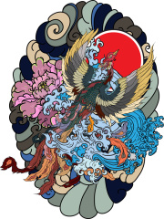 Japanese Traditional Sacred Beast Decoration Background Image: Phoenix Flying Towards Sun in Sea of Clouds