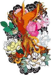 Ancient Japanese Auspicious Beast Decoration: Beautiful Fire Phoenix with Flower Background