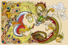 Ancient Japanese Auspicious Beast Decoration: Dragon and Phoenix Facing Each Other with Auspicious Clouds