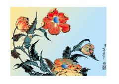 Japanese Ukiyo - e Style Decoration Pictures: Red Flowers Against Green Leaves with Clear Sky Background