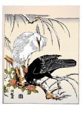 Japanese Ukiyo - e Style Decoration Wallpaper Paintings: Black and White Herons Resting on Branches in Winter Snow