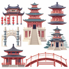 Collection of 7 Classic Chinese Ancient Architectural Icon Sets