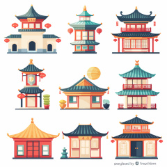 Collection of Nine Traditional Chinese Classical Architecture Icons with Festival Atmosphere