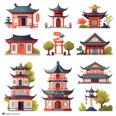 Collection of 10 Sets of Chinese Classical Building Patterns with Tree Decorations
