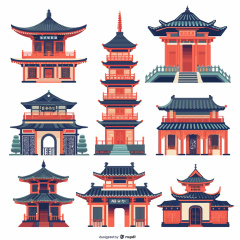 Collection of Eight Chinese Ancient Pavilion Architecture Icons