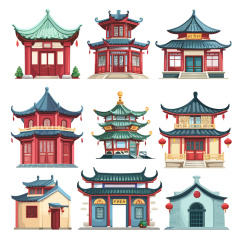 Collection of Nine Ancient Chinese Temple and Palace Architecture Icons