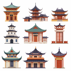 Collection of 9 Sets of Chinese Sui Dynasty Pavilion Architecture - Shaped Icons