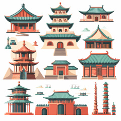 Collection of 10 Classic Ancient Chinese Architectural Icon Sets