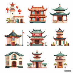 Collection of Nine Chinese Ancient - Style Architecture Icons