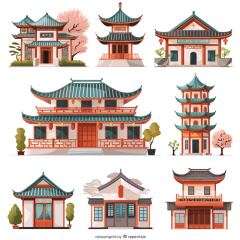 Collection of 8 Sets of Icons of Chinese Ancient Pavilion - style Buildings with Ornamental Flowers and Trees