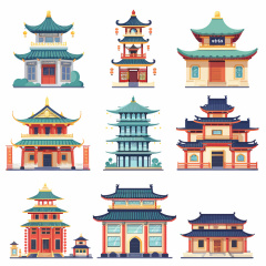 Collection of Nine Ancient Chinese Palace Architecture Icons